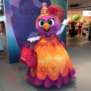 Magenta Mandarin mascot costume character dressed with a Ball Gown and Tote bags