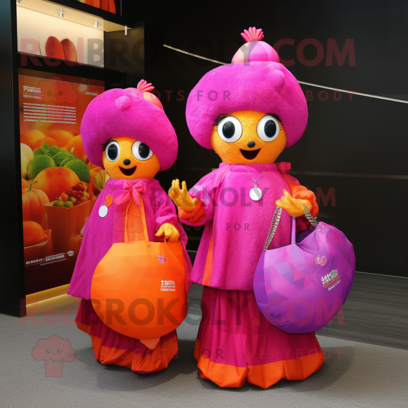 Magenta Mandarin mascot costume character dressed with a Ball Gown and Tote bags Magenta Mandarin mascot costume character dressed with a Ball Gown and Tote bags