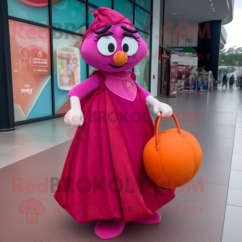 Magenta Mandarin mascot costume character dressed with a Ball Gown and Tote bags