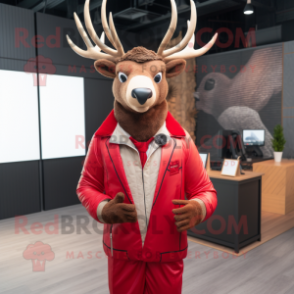 Red Deer mascot costume character dressed with a Suit Jacket and Headbands