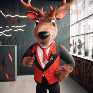 Red Deer mascot costume character dressed with a Suit Jacket and Headbands