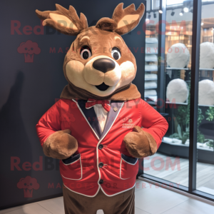 Red Deer mascot costume character dressed with a Suit Jacket and Headbands