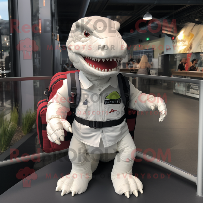 White Tyrannosaurus mascot costume character dressed with a Playsuit and Backpacks