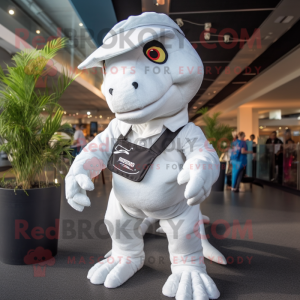 White Tyrannosaurus mascot costume character dressed with a Playsuit and Backpacks