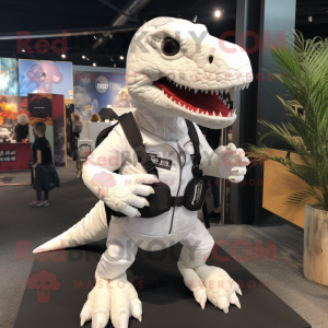 White Tyrannosaurus mascot costume character dressed with a Playsuit and Backpacks