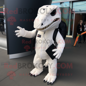White Tyrannosaurus mascot costume character dressed with a Playsuit and Backpacks