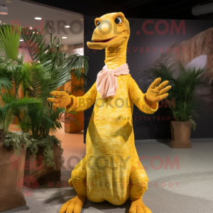 Gold Coelophysis mascot costume character dressed with a Maxi Dress and Mittens