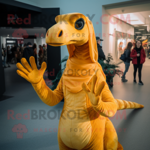 Gold Coelophysis mascot costume character dressed with a Maxi Dress and Mittens