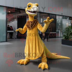 Gold Coelophysis mascot costume character dressed with a Maxi Dress and Mittens