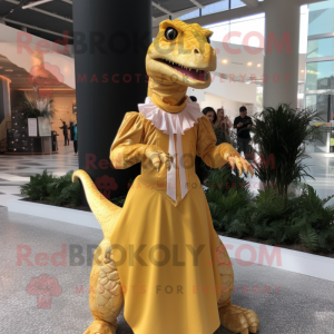 Gold Coelophysis mascot costume character dressed with a Maxi Dress and Mittens