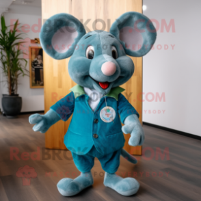 Cyan Mouse mascot costume character dressed with a Sweater and Tie pins