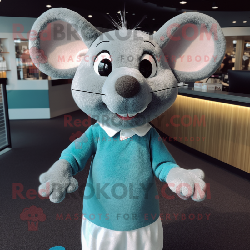 Cyan Mouse mascot costume character dressed with a Sweater and Tie pins