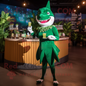 Forest Green Shark mascot costume character dressed with a Cocktail Dress and Earrings