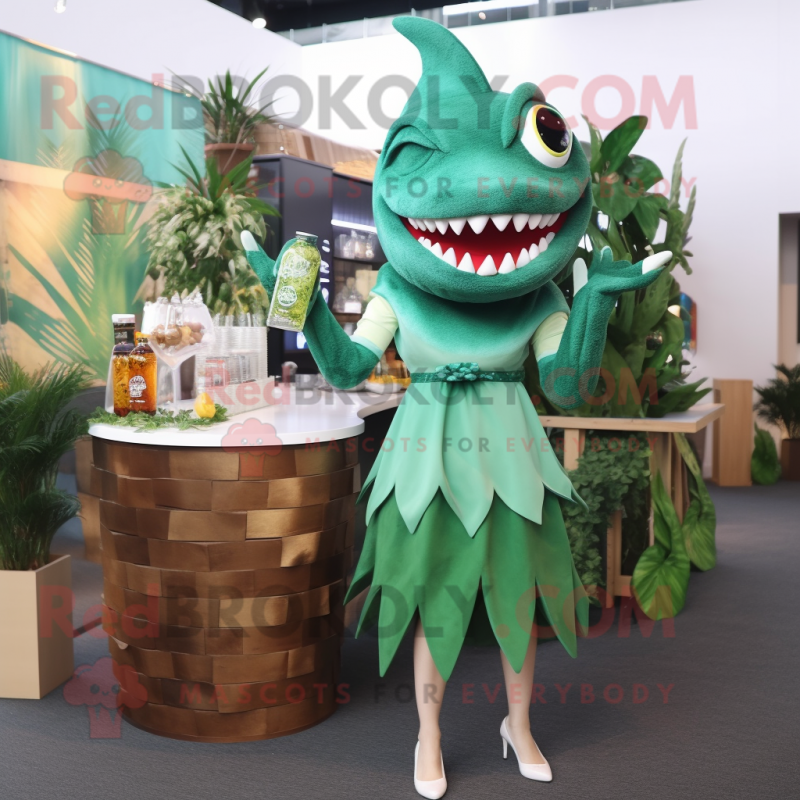 Forest Green Shark mascot costume character dressed with a Cocktail Dress and Earrings