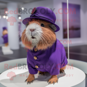 Purple Guinea Pig mascot costume character dressed with a Culottes and Hat pins