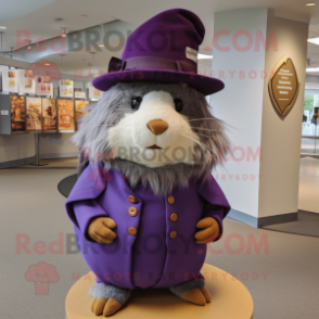 Purple Guinea Pig mascot costume character dressed with a Culottes and Hat pins