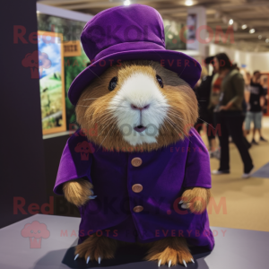 Purple Guinea Pig mascot costume character dressed with a Culottes and Hat pins