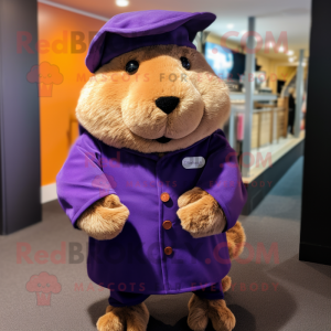 Purple Guinea Pig mascot costume character dressed with a Culottes and Hat pins