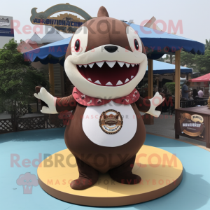 Brown Shark mascot costume character dressed with a Circle Skirt and Necklaces