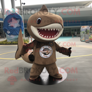 Brown Shark mascot costume character dressed with a Circle Skirt and Necklaces