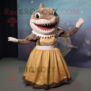 Brown Shark mascot costume character dressed with a Circle Skirt and Necklaces