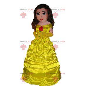 Mascotte de princesse vêtue d'une belle robe jaune -