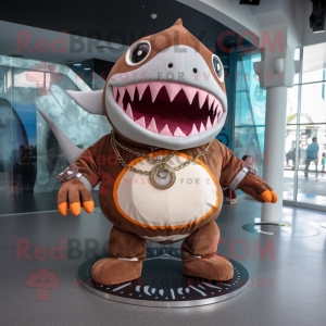 Brown Shark mascot costume character dressed with a Circle Skirt and Necklaces