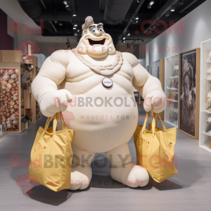 Cream Strongman mascot costume character dressed with a Bodysuit and Tote bags