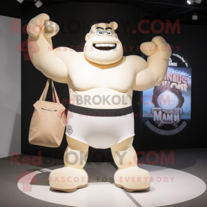 Cream Strongman mascot costume character dressed with a Bodysuit and Tote bags