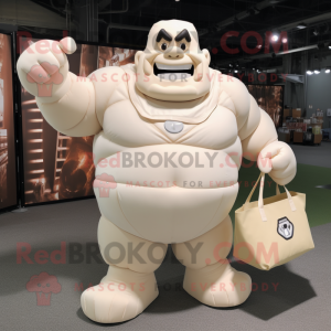 Cream Strongman mascot costume character dressed with a Bodysuit and Tote bags