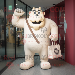 Cream Strongman mascot costume character dressed with a Bodysuit and Tote bags