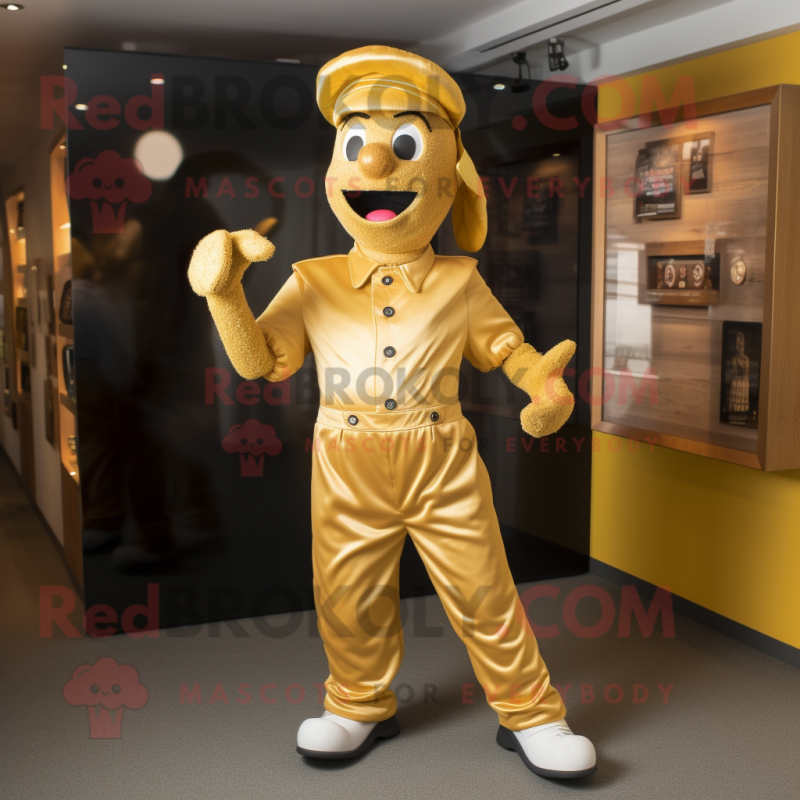 Gold Acrobat mascot costume character dressed with a Dungarees and Hat pins Gold Acrobat mascot costume character dressed with a Dungarees and Hat pins