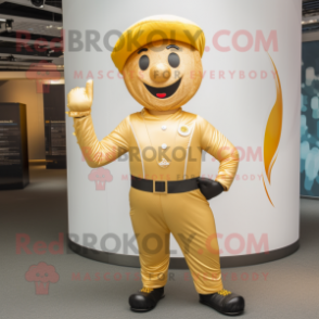 Gold Acrobat mascot costume character dressed with a Dungarees and Hat pins