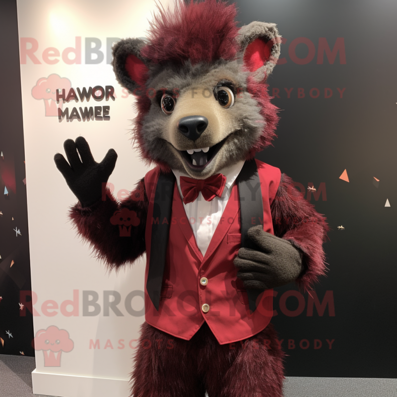 Maroon Aye-Aye mascot costume character dressed with a Blazer and Suspenders