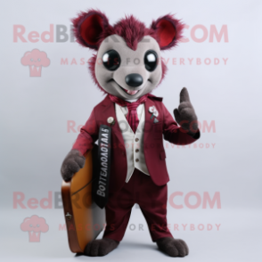 Maroon Aye-Aye mascot costume character dressed with a Blazer and Suspenders