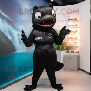 Black Cod mascot costume character dressed with a One-Piece Swimsuit and Watches