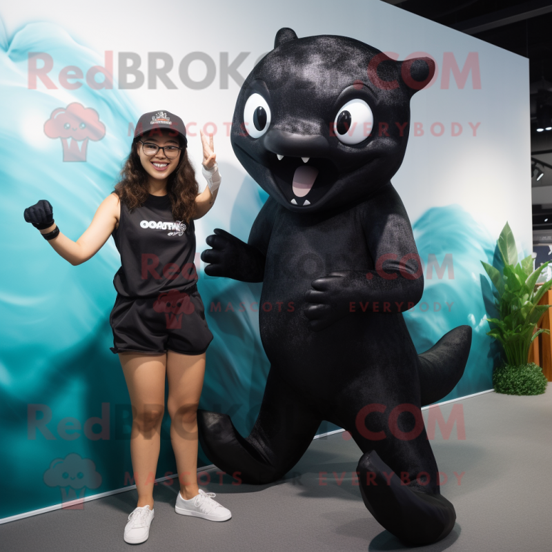 Black Cod mascot costume character dressed with a One-Piece Swimsuit and Watches Black Cod mascot costume character dressed with a One-Piece Swimsuit and Watches