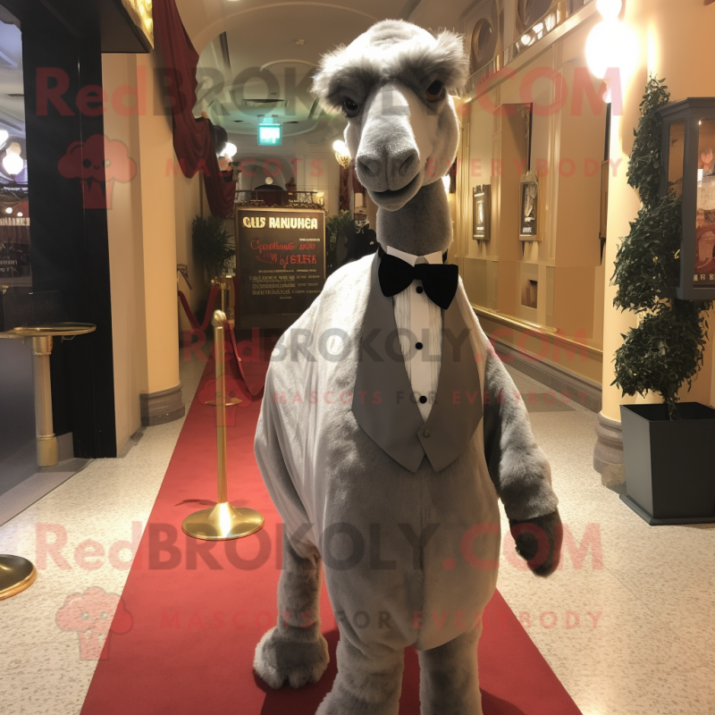Gray Camel mascot costume character dressed with a Evening Gown and Bow ties Gray Camel mascot costume character dressed with a Evening Gown and Bow ties