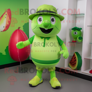 Lime Green Watermelon mascot costume character dressed with a Rugby Shirt and Beanies