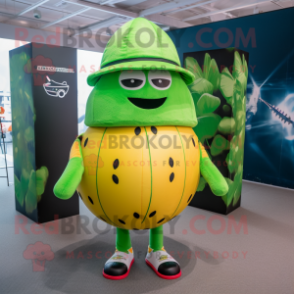 Lime Green Watermelon mascot costume character dressed with a Rugby Shirt and Beanies