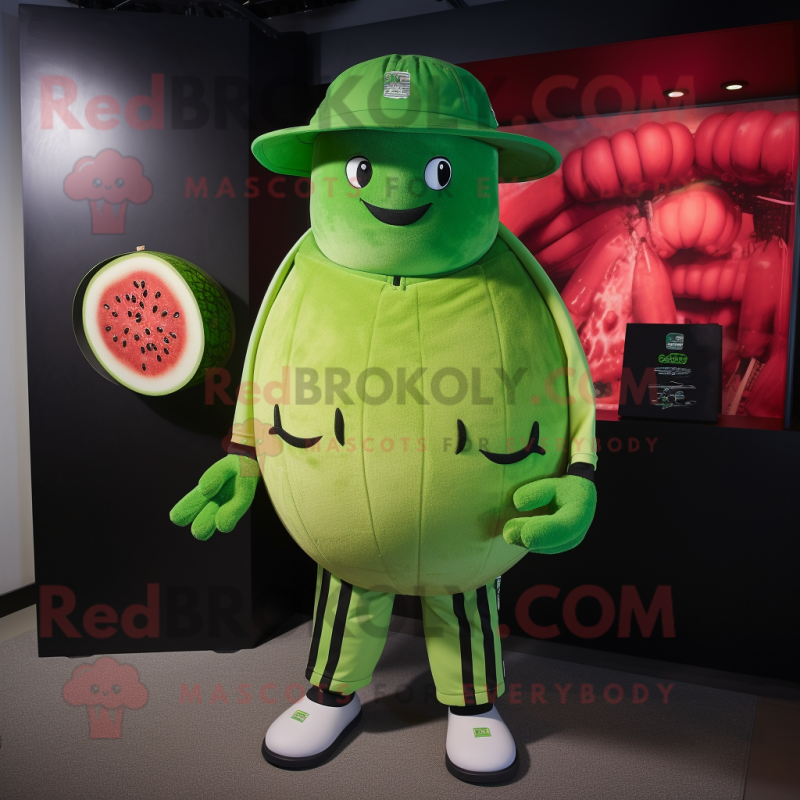 Lime Green Watermelon mascot costume character dressed with a Rugby Shirt and Beanies