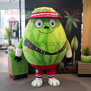 Lime Green Watermelon mascot costume character dressed with a Rugby Shirt and Beanies
