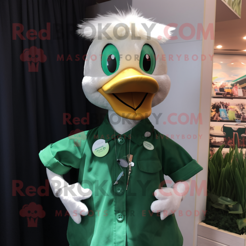 Green Swans mascot costume character dressed with a Button-Up Shirt and Hair clips