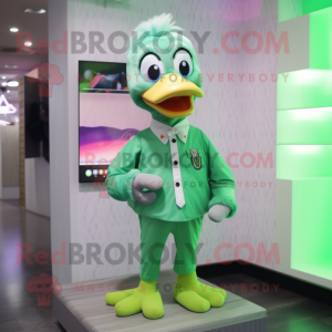 Green Swans mascot costume character dressed with a Button-Up Shirt and Hair clips