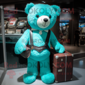 Turquoise Teddy Bear mascot costume character dressed with a Bermuda Shorts and Briefcases
