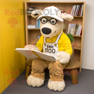 Gold Suffolk Sheep mascot costume character dressed with a Chinos and Reading glasses