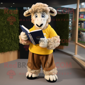 Gold Suffolk Sheep mascot costume character dressed with a Chinos and Reading glasses