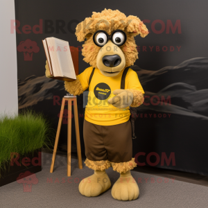 Gold Suffolk Sheep mascot costume character dressed with a Chinos and Reading glasses