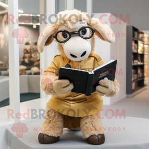 Gold Suffolk Sheep mascot costume character dressed with a Chinos and Reading glasses