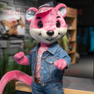 Pink Marten mascot costume character dressed with a Denim Shirt and Headbands